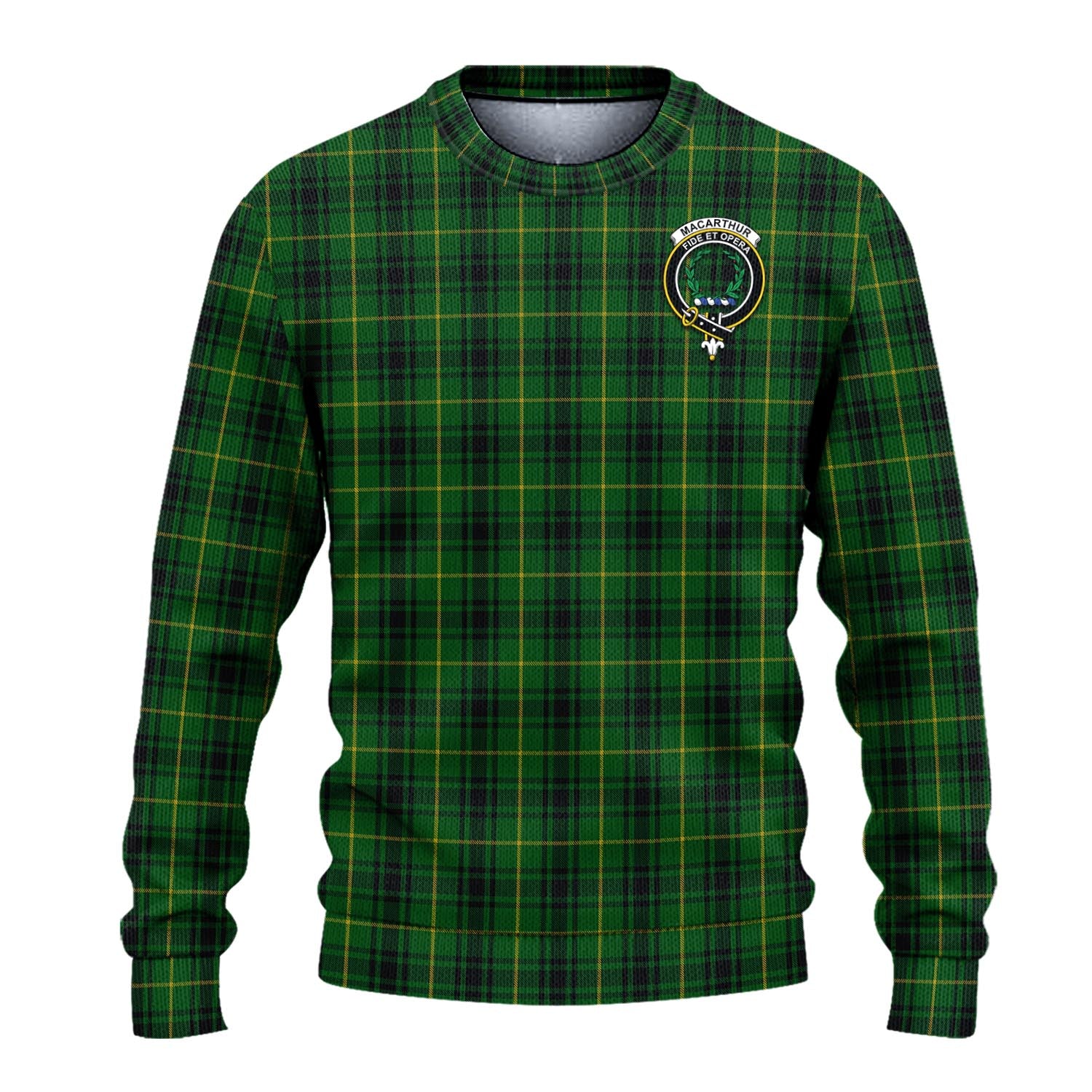 MacArthur Tartan Knitted Sweater with Family Crest - Tartanvibesclothing