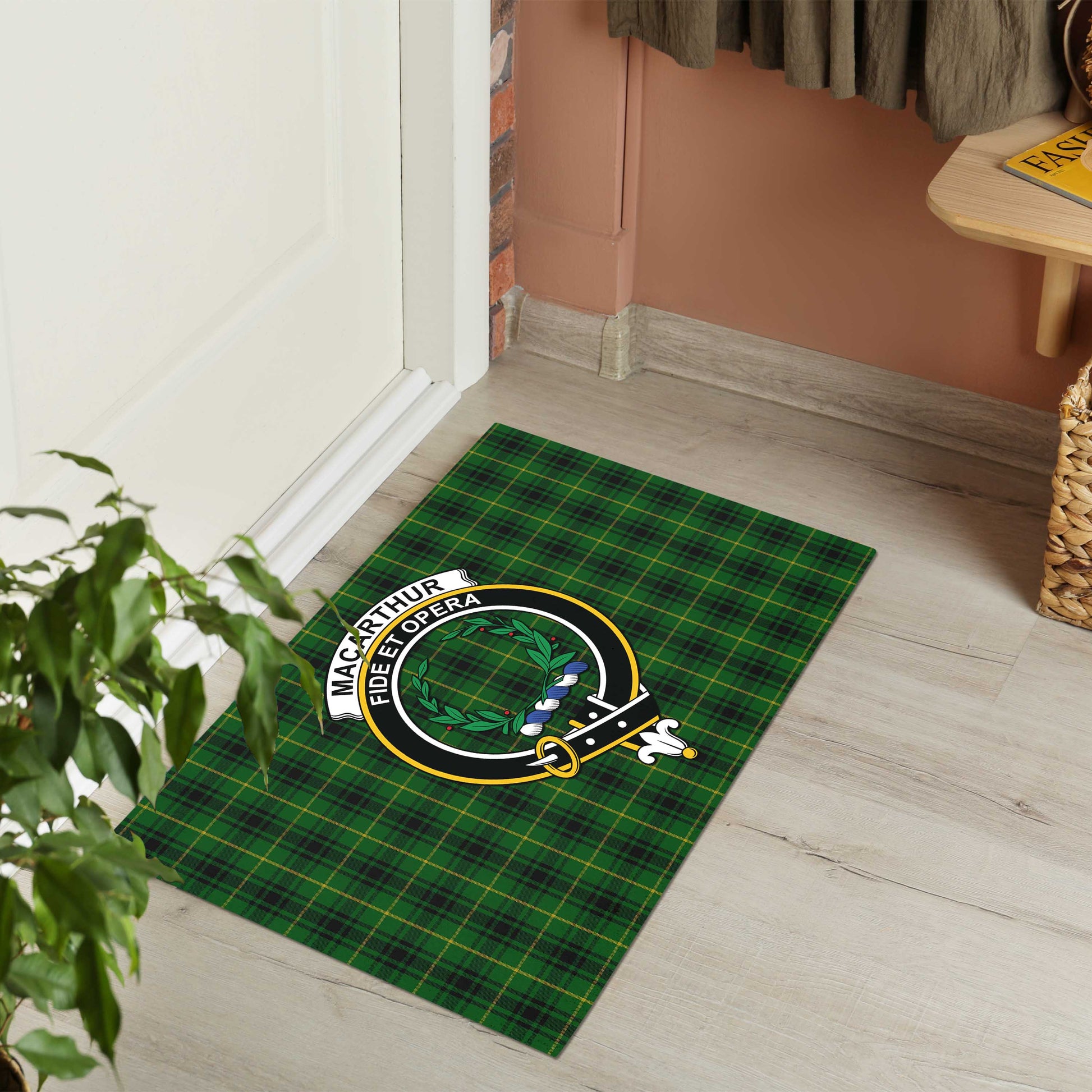 MacArthur Tartan Door Mat with Family Crest - Tartanvibesclothing