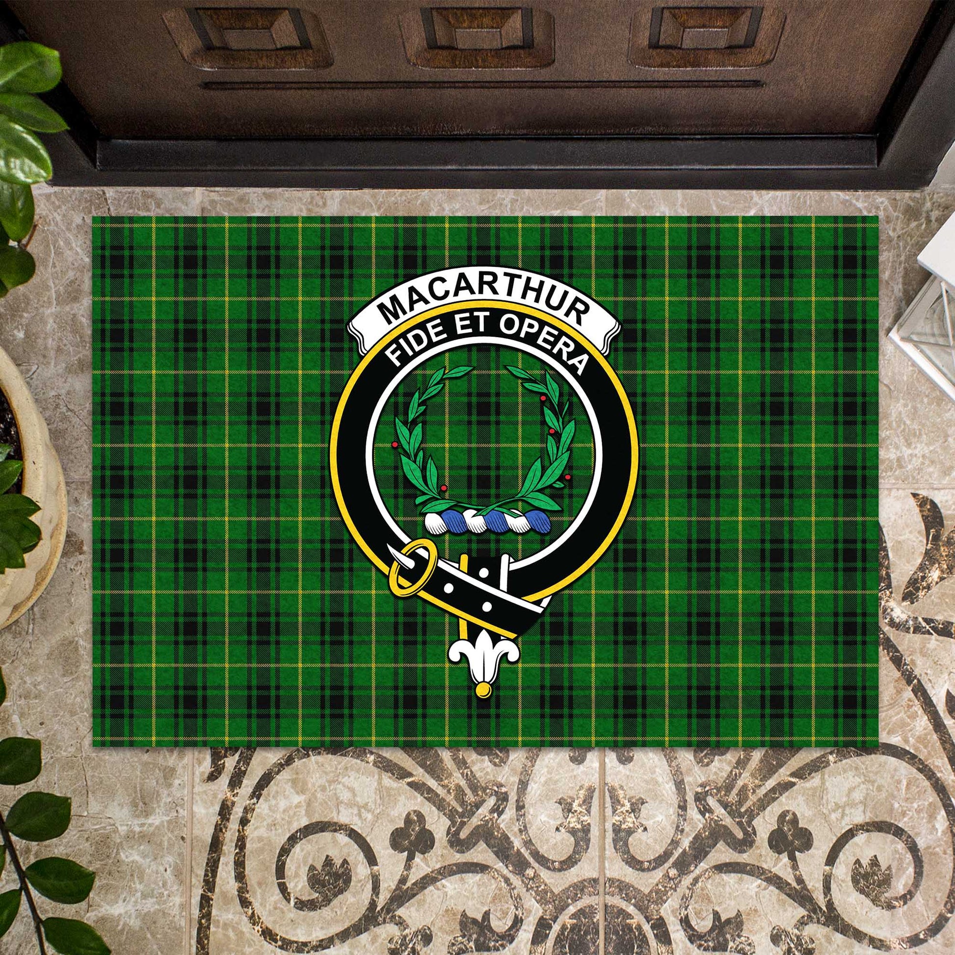 MacArthur Tartan Door Mat with Family Crest - Tartanvibesclothing