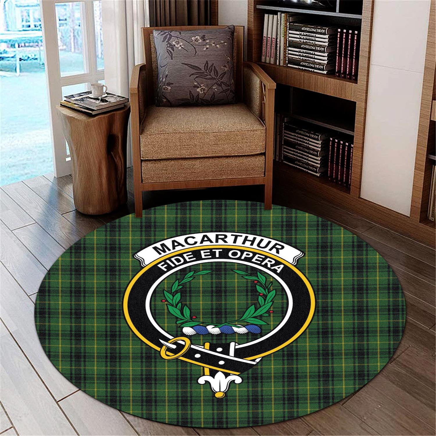 macarthur-tartan-round-rug-with-family-crest
