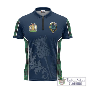 MacArthur Ancient Tartan Zipper Polo Shirt with Family Crest and Scottish Thistle Vibes Sport Style