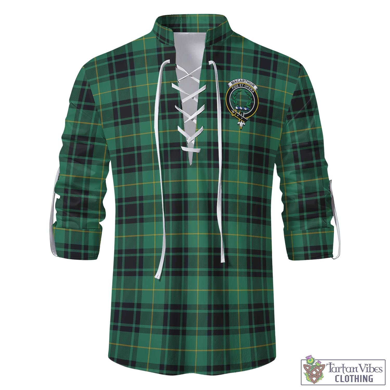 Tartan Vibes Clothing MacArthur Ancient Tartan Men's Scottish Traditional Jacobite Ghillie Kilt Shirt with Family Crest