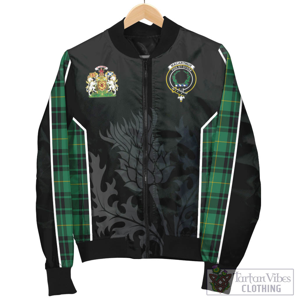 Tartan Vibes Clothing MacArthur Ancient Tartan Bomber Jacket with Family Crest and Scottish Thistle Vibes Sport Style