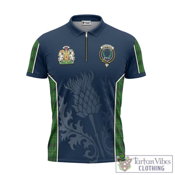 MacArthur Highland Tartan Zipper Polo Shirt with Family Crest and Scottish Thistle Vibes Sport Style
