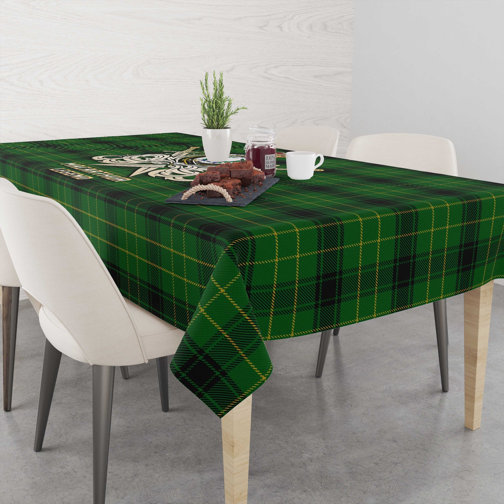 Tartan Vibes Clothing MacArthur Highland Tartan Tablecloth with Clan Crest and the Golden Sword of Courageous Legacy