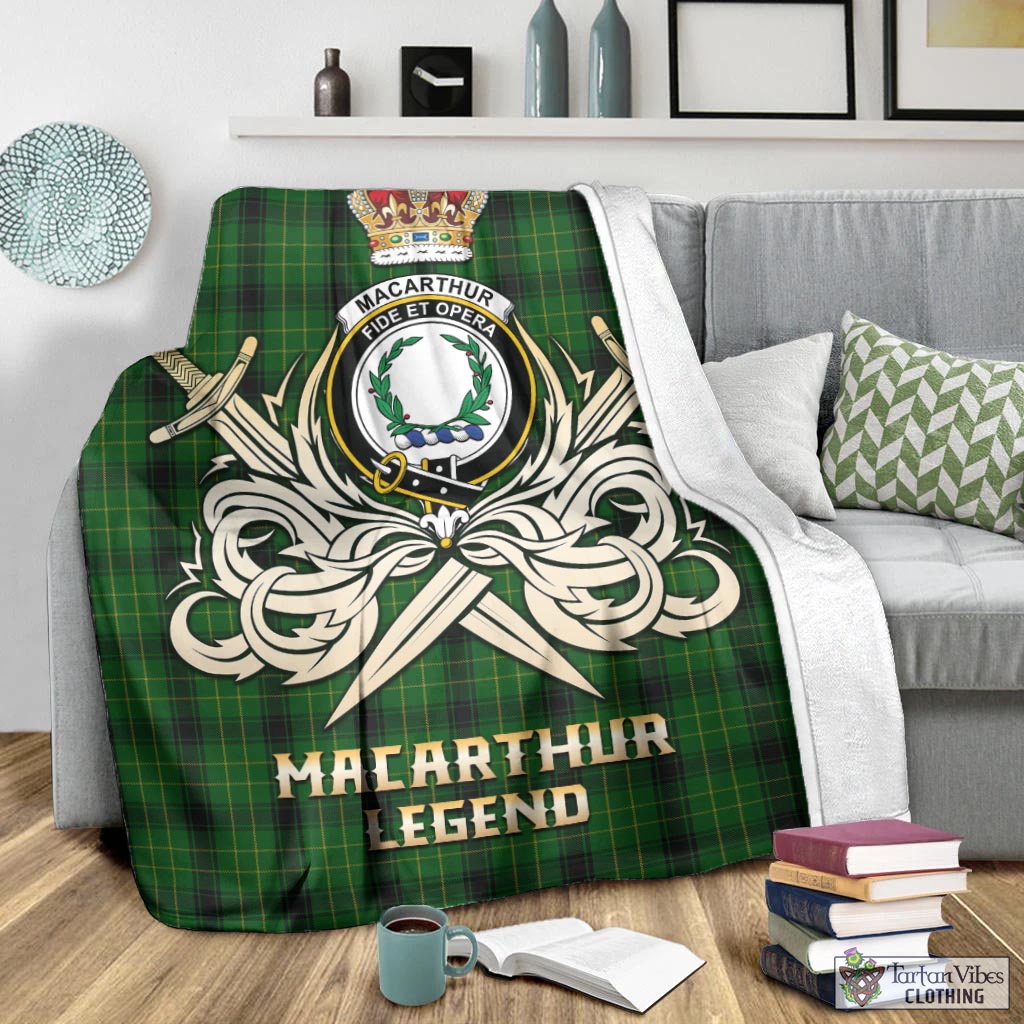 Tartan Vibes Clothing MacArthur Highland Tartan Blanket with Clan Crest and the Golden Sword of Courageous Legacy