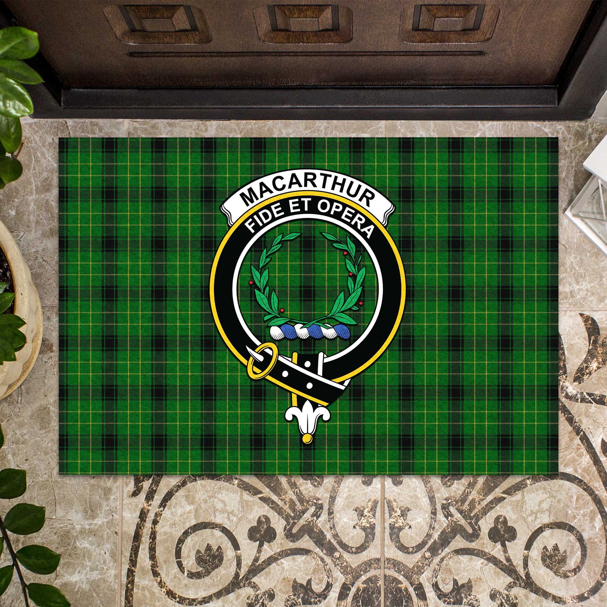 MacArthur Highland Tartan Door Mat with Family Crest - Tartanvibesclothing