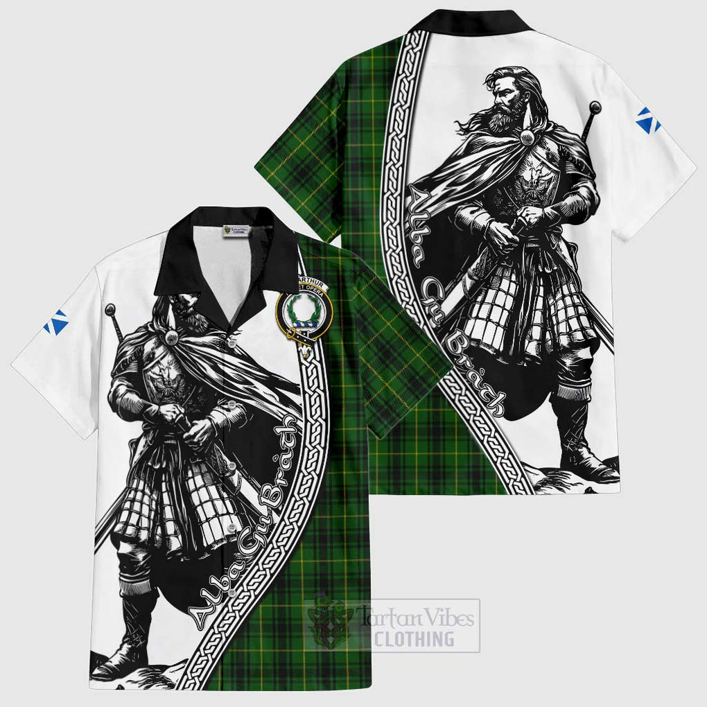 Tartan Vibes Clothing MacArthur (McArthur) Tartan Clan Crest Short Sleeve Button Shirt with Highlander Warrior Celtic Style