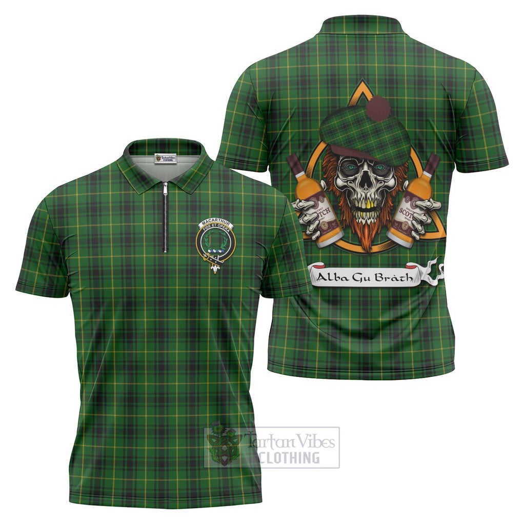 Tartan Vibes Clothing MacArthur (McArthur) Tartan Zipper Polo Shirt with Family Crest and Bearded Skull Holding Bottles of Whiskey