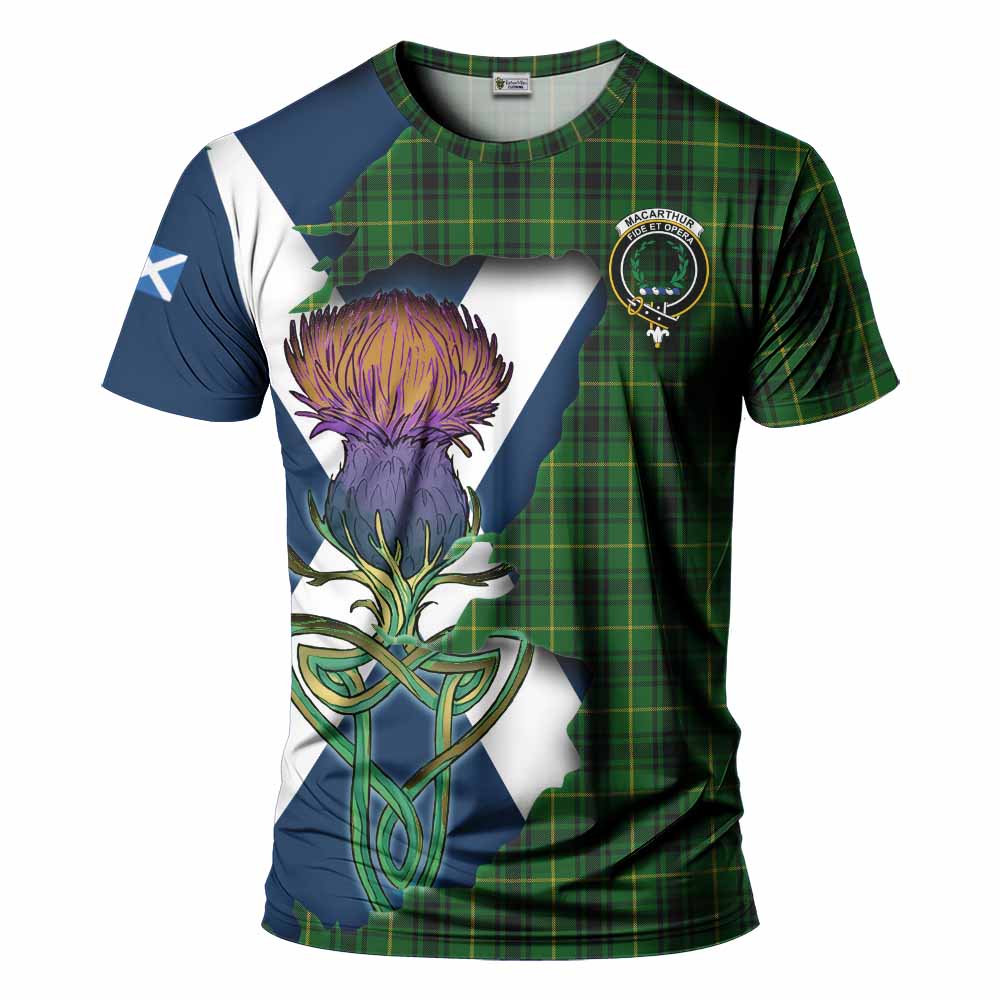 Tartan Vibes Clothing MacArthur (McArthur) Tartan Family Crest T-Shirt Scottish Thistle Celtic Inspired