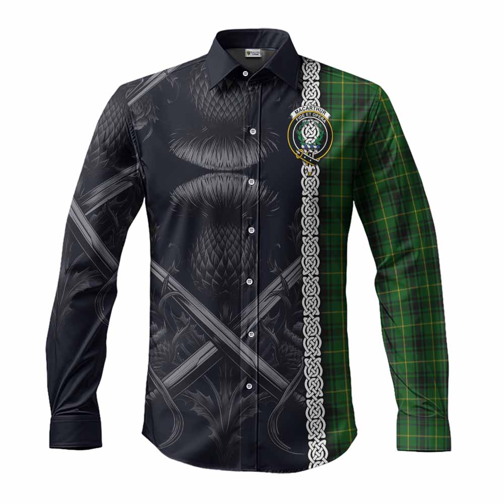 Tartan Vibes Clothing MacArthur (McArthur) Tartan Long Sleeve Button Shirt with Family Crest Cross Sword Thistle Celtic Vibes