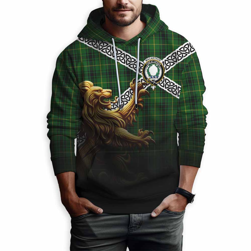 Tartan Vibes Clothing MacArthur (McArthur) Crest Tartan Hoodie with Golden Lion Emblem Celtic Style