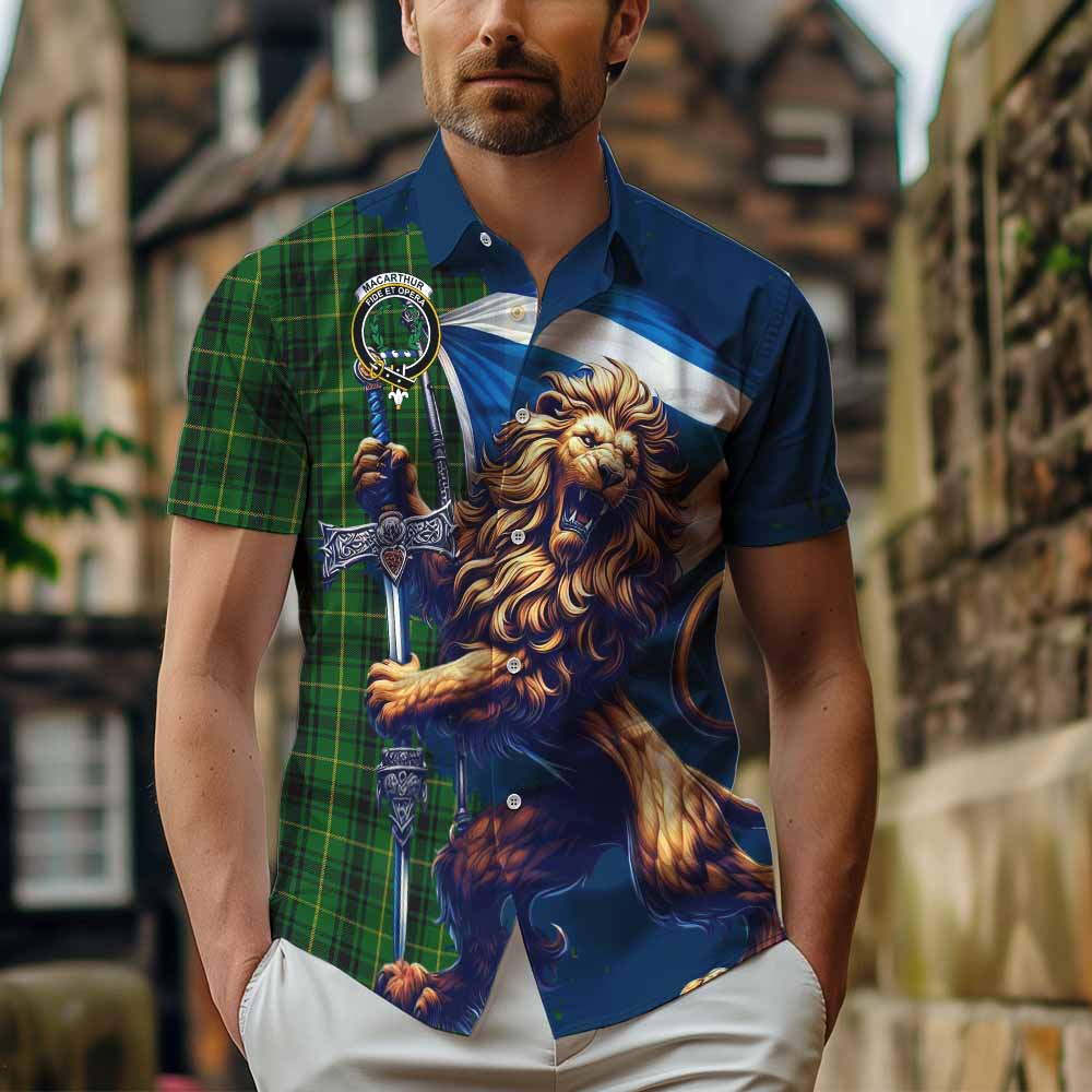 Tartan Vibes Clothing MacArthur (McArthur) Tartan Family Crest Short Sleeve Button Shirt with Scottish Majestic Lion