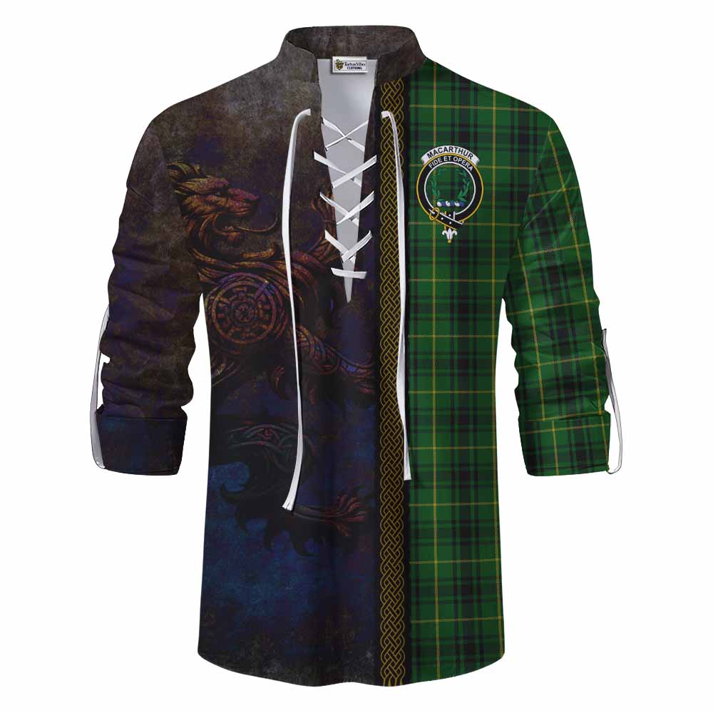 Tartan Vibes Clothing MacArthur (McArthur) Tartan Family Crest Ghillie Kilt Shirt Alba Gu Brath Be Brave Lion Ancient Style