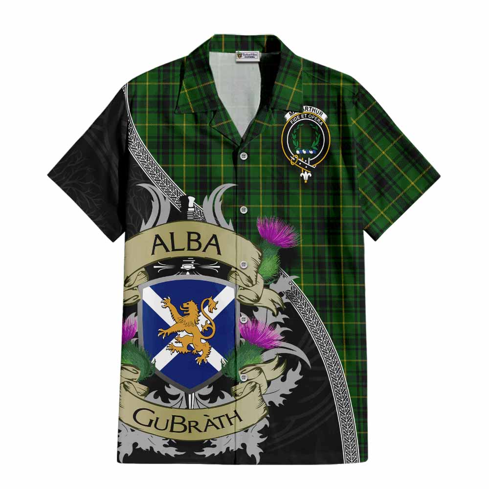 Tartan Vibes Clothing MacArthur (McArthur) Tartan Family Crest Short Sleeve Button Shirt Lion Rampant Royal Thistle Shield Celtic Inspired