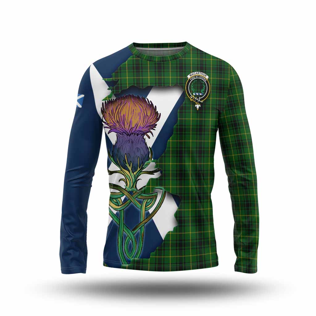 Tartan Vibes Clothing MacArthur (McArthur) Tartan Family Crest Long Sleeve T-Shirt Scottish Thistle Celtic Inspired