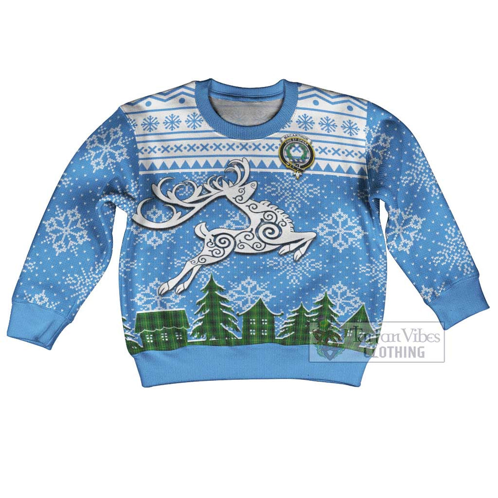MacArthur (McArthur) Clan Christmas Kid Ugly Sweater with Tartan and Celtic Reindeer Style Kid - Tartan Vibes Clothing