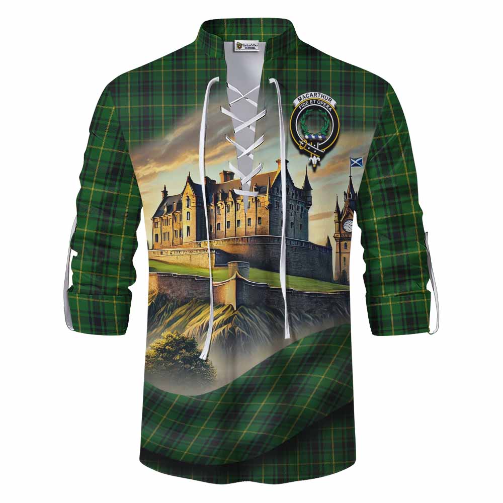 Tartan Vibes Clothing MacArthur (McArthur) Tartan Family Crest Ghillie Kilt Shirt with Scottish Ancient Castle Style
