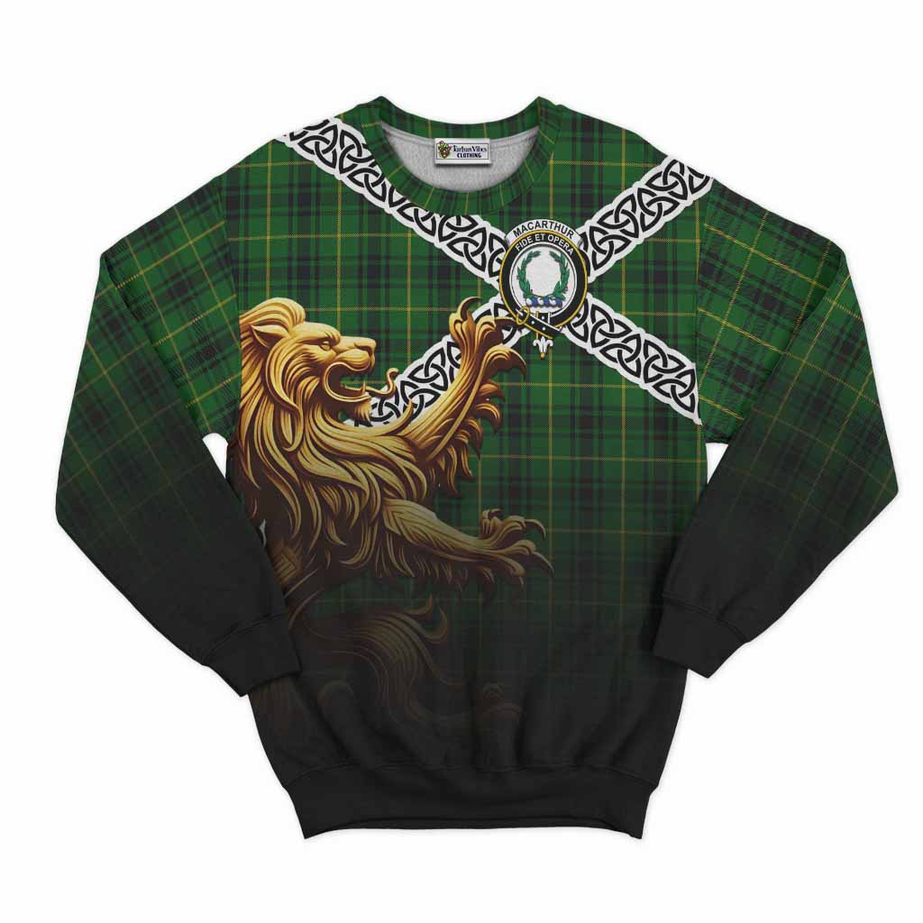Tartan Vibes Clothing MacArthur (McArthur) Crest Tartan Sweatshirt with Golden Lion Emblem Celtic Style