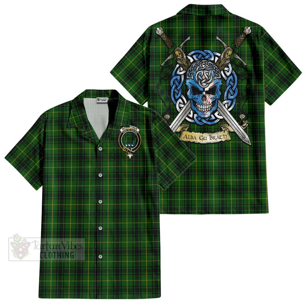 Tartan Vibes Clothing MacArthur (McArthur) Tartan Short Sleeve Button Shirt with Family Crest Celtic Skull Style
