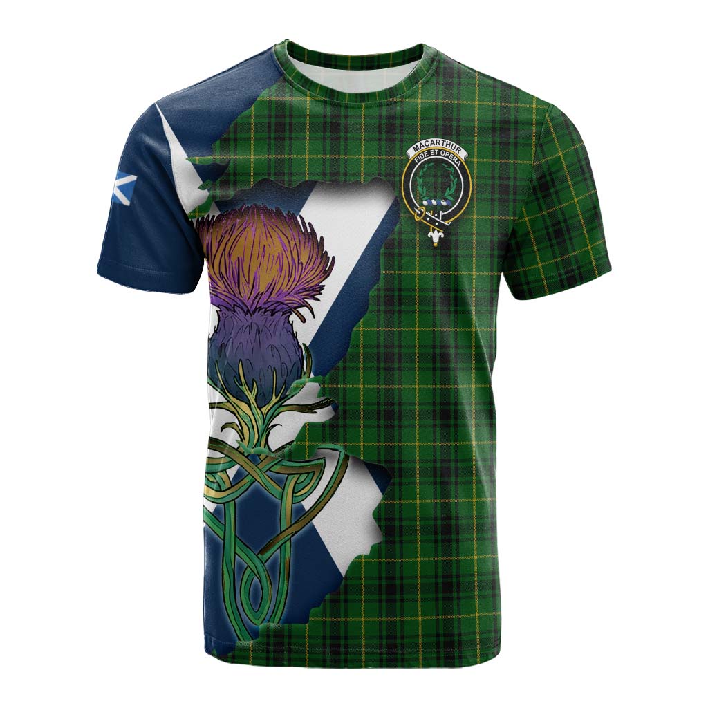 Tartan Vibes Clothing MacArthur (McArthur) Tartan Family Crest Cotton T-shirt Scottish Thistle Celtic Inspired