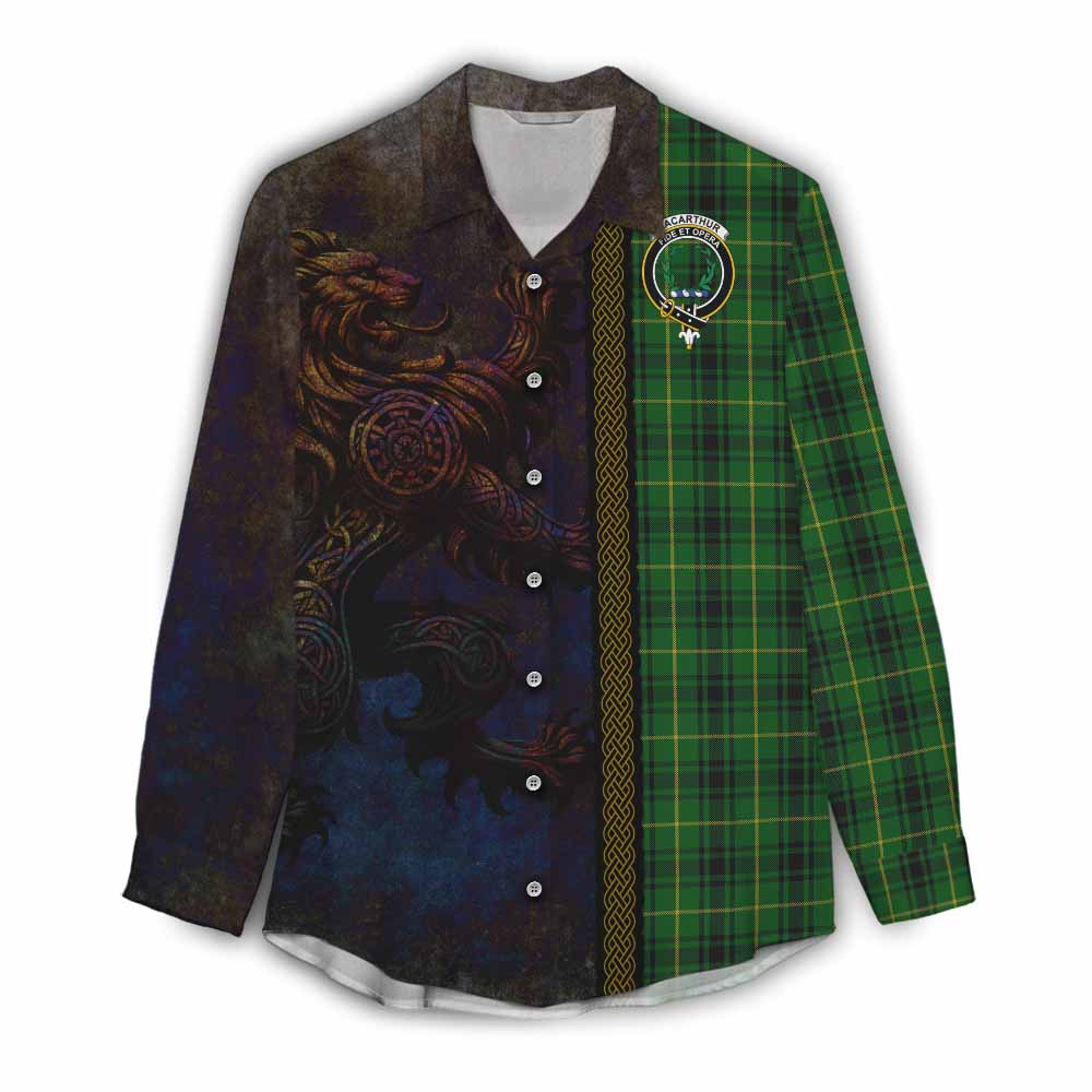 Tartan Vibes Clothing MacArthur (McArthur) Tartan Family Crest Women's Casual Shirt Alba Gu Brath Be Brave Lion Ancient Style