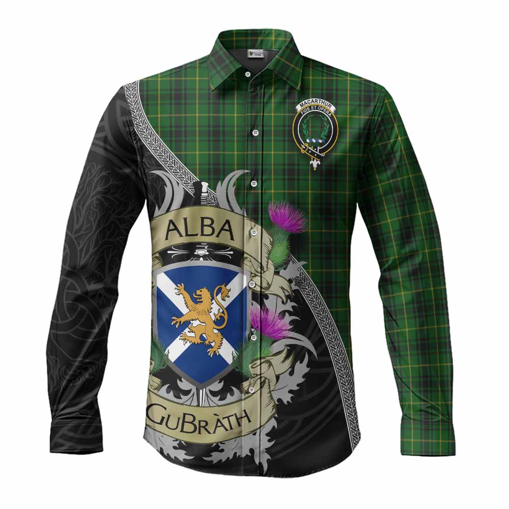 Tartan Vibes Clothing MacArthur (McArthur) Tartan Family Crest Long Sleeve Button Shirt Lion Rampant Royal Thistle Shield Celtic Inspired