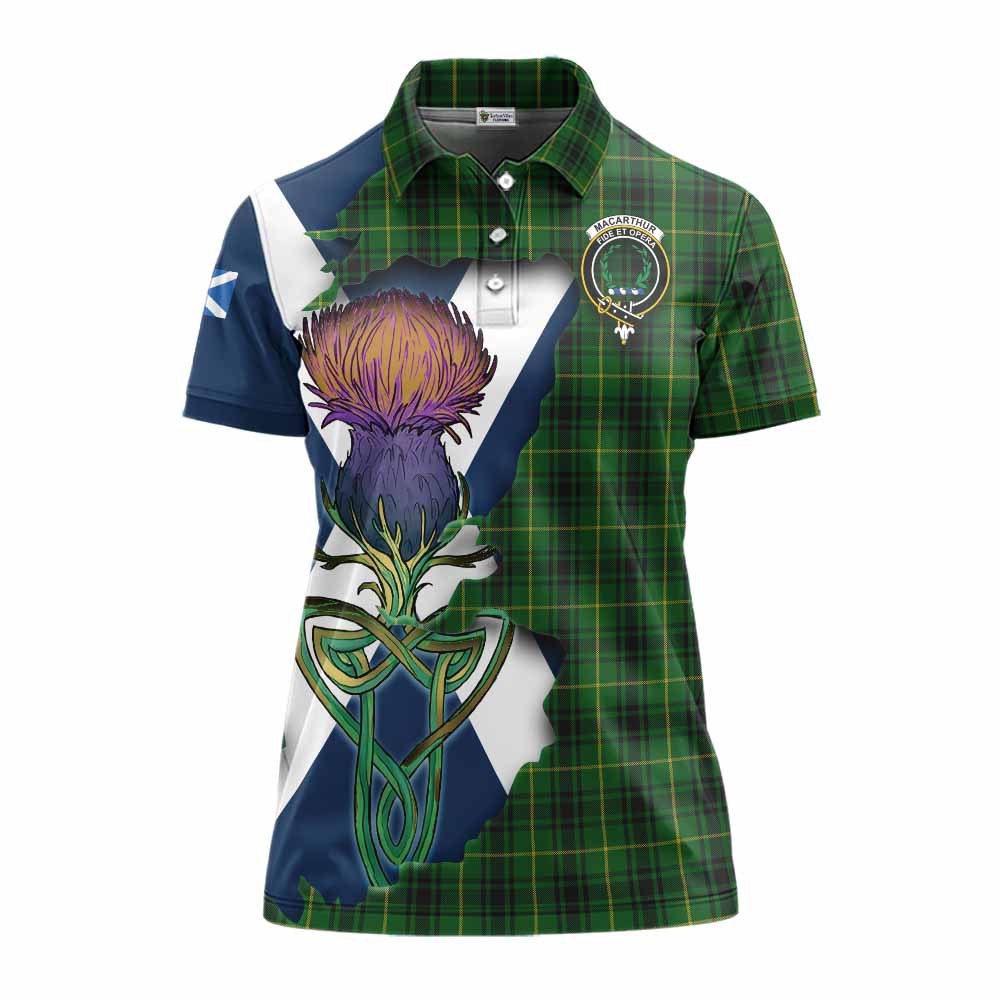 Tartan Vibes Clothing MacArthur (McArthur) Tartan Family Crest Women's Polo Shirt Scottish Thistle Celtic Inspired