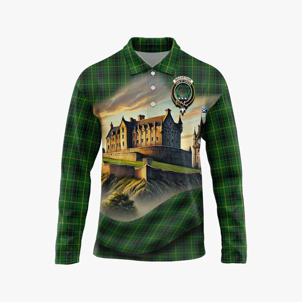 Tartan Vibes Clothing MacArthur (McArthur) Tartan Family Crest Long Sleeve Polo Shirt with Scottish Ancient Castle Style