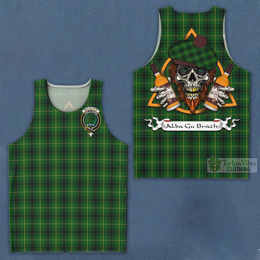 Tartan Vibes Clothing MacArthur (McArthur) Tartan Men's Tank Top with Family Crest and Bearded Skull Holding Bottles of Whiskey