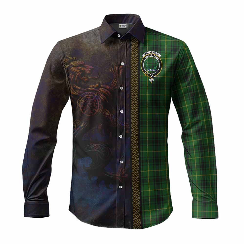 Tartan Vibes Clothing MacArthur (McArthur) Tartan Family Crest Long Sleeve Button Shirt Alba Gu Brath Be Brave Lion Ancient Style
