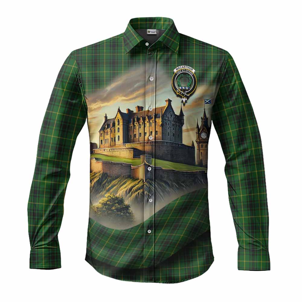 Tartan Vibes Clothing MacArthur (McArthur) Tartan Family Crest Long Sleeve Button Shirt with Scottish Ancient Castle Style