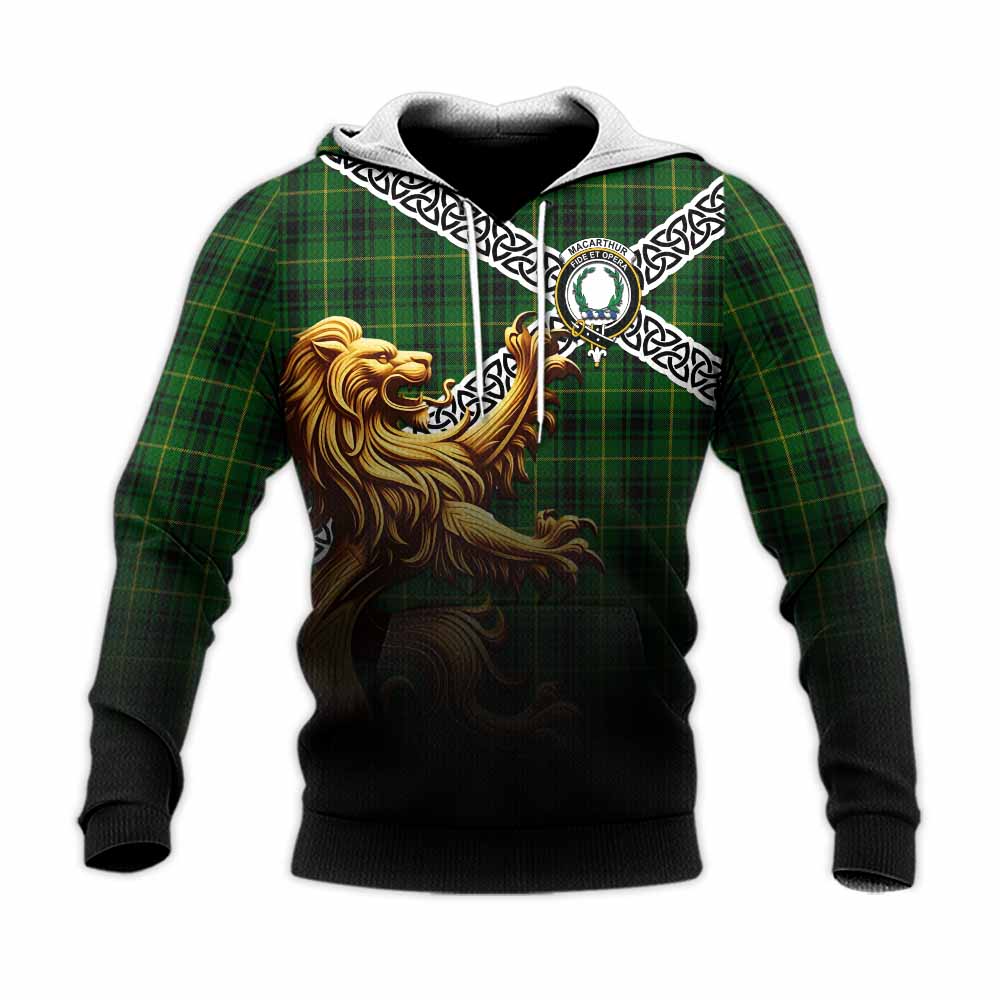 Tartan Vibes Clothing MacArthur (McArthur) Crest Tartan Knitted Hoodie with Golden Lion Emblem Celtic Style