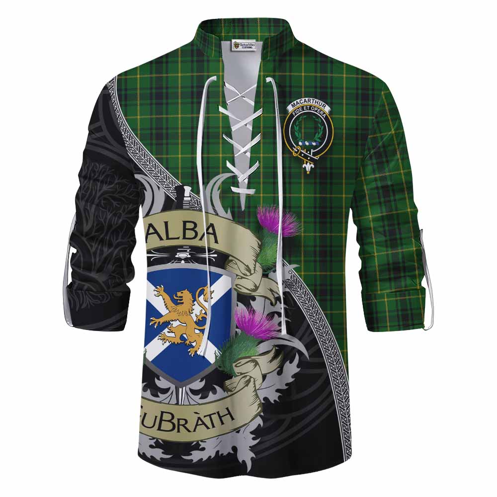 Tartan Vibes Clothing MacArthur (McArthur) Tartan Family Crest Ghillie Kilt Shirt Lion Rampant Royal Thistle Shield Celtic Inspired