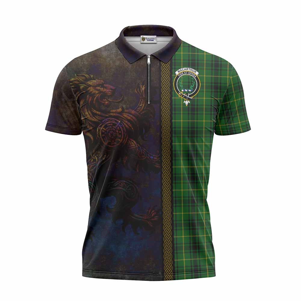 Tartan Vibes Clothing MacArthur (McArthur) Tartan Family Crest Zipper Polo Shirt Alba Gu Brath Be Brave Lion Ancient Style