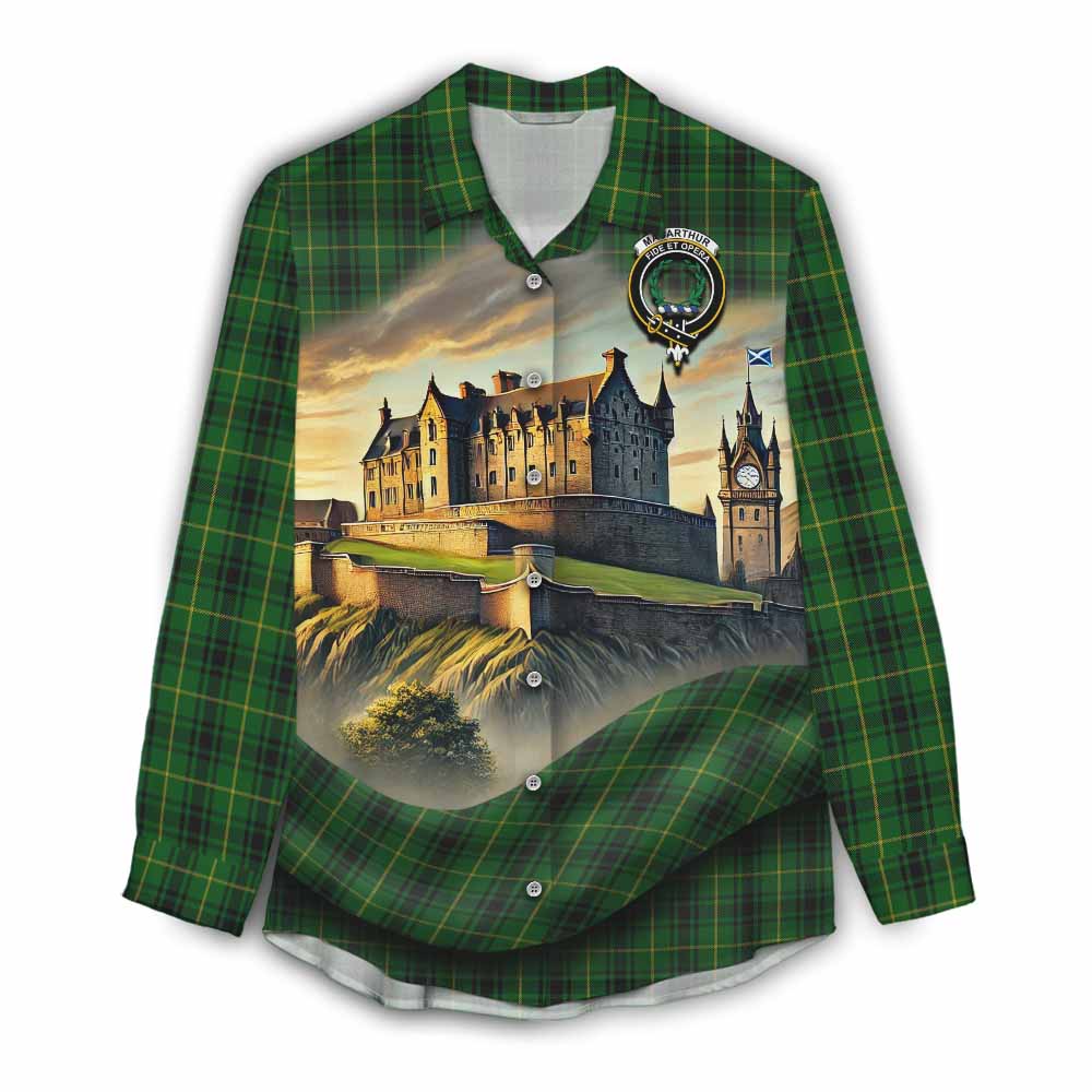 Tartan Vibes Clothing MacArthur (McArthur) Tartan Family Crest Women's Casual Shirt with Scottish Ancient Castle Style