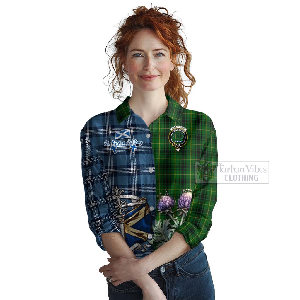 Tartan Vibes Clothing MacArthur (McArthur) Tartan Women's Casual Shirt Happy St. Andrew's Day Half Tartan Style