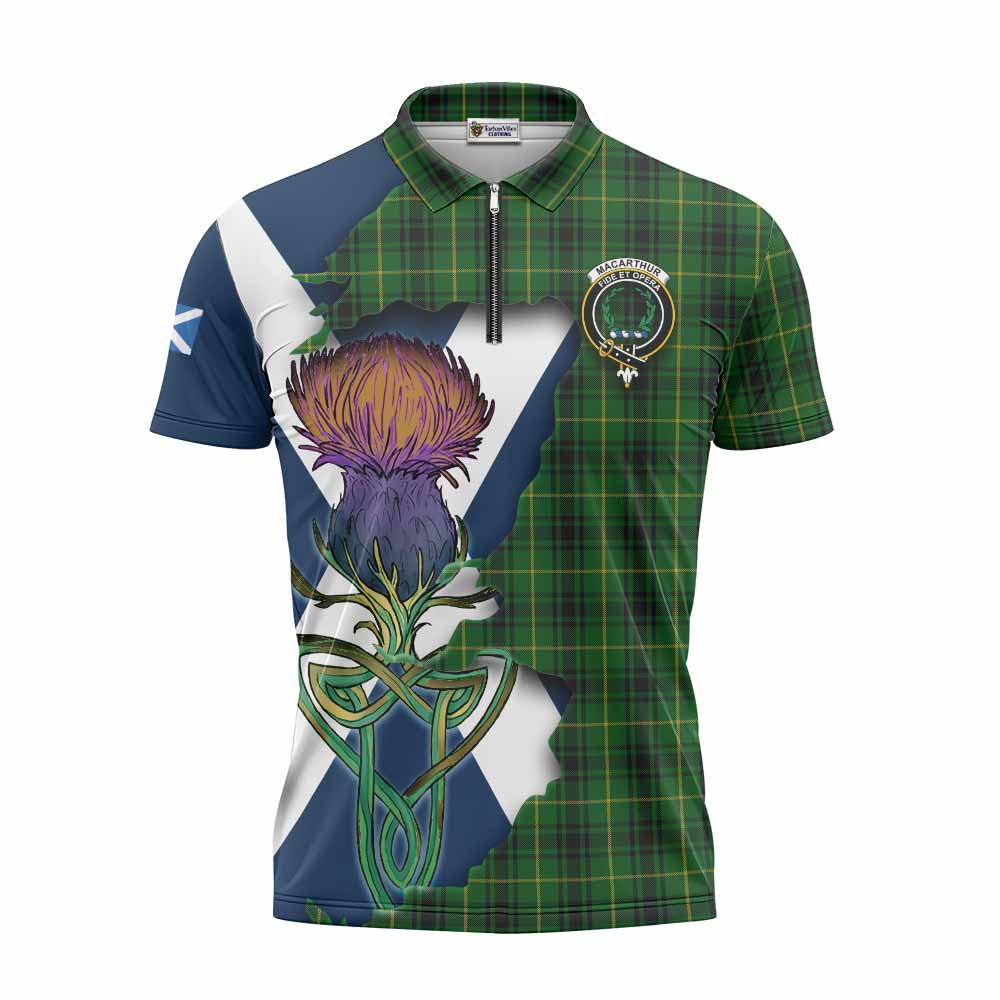 Tartan Vibes Clothing MacArthur (McArthur) Tartan Family Crest Zipper Polo Shirt Scottish Thistle Celtic Inspired