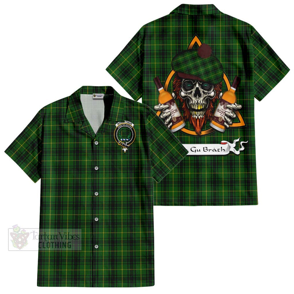 Tartan Vibes Clothing MacArthur (McArthur) Tartan Short Sleeve Button Shirt with Family Crest and Bearded Skull Holding Bottles of Whiskey