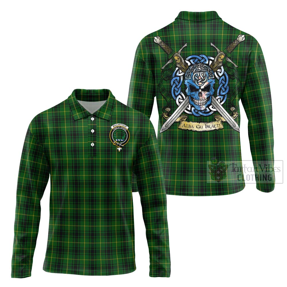Tartan Vibes Clothing MacArthur (McArthur) Tartan Long Sleeve Polo Shirt with Family Crest Celtic Skull Style