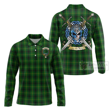 Tartan Vibes Clothing MacArthur (McArthur) Tartan Long Sleeve Polo Shirt with Family Crest Celtic Skull Style