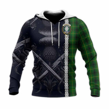 Tartan Vibes Clothing MacArthur (McArthur) Tartan Knitted Hoodie with Family Crest Cross Sword Thistle Celtic Vibes