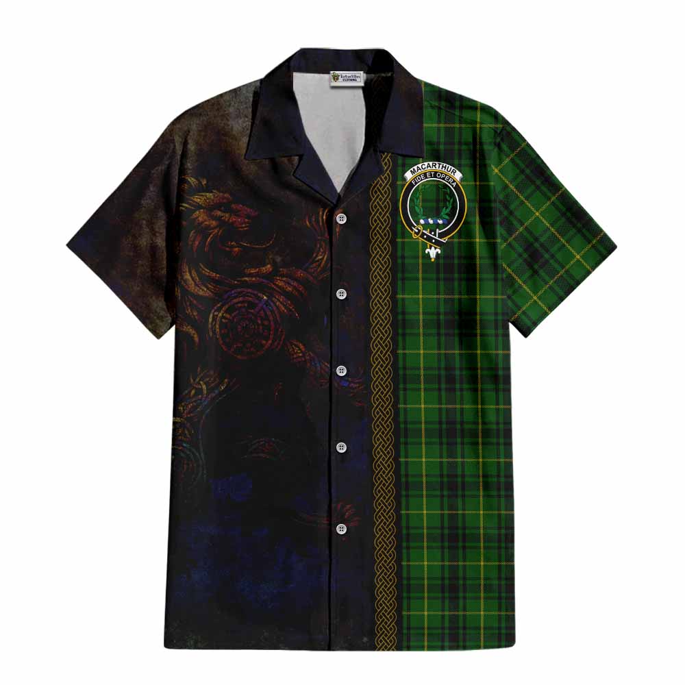 Tartan Vibes Clothing MacArthur (McArthur) Tartan Family Crest Short Sleeve Button Shirt Alba Gu Brath Be Brave Lion Ancient Style