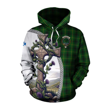 Tartan Vibes Clothing MacArthur (McArthur) Tartan Cotton Hoodie with Family Crest and St. Andrew's Cross Accented by Thistle Vines