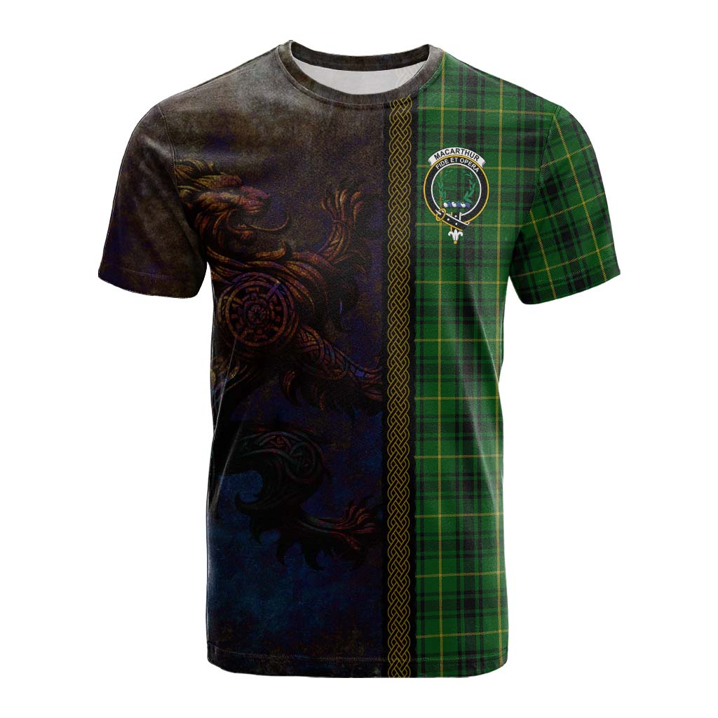Tartan Vibes Clothing MacArthur (McArthur) Tartan Family Crest Cotton T-shirt Alba Gu Brath Be Brave Lion Ancient Style