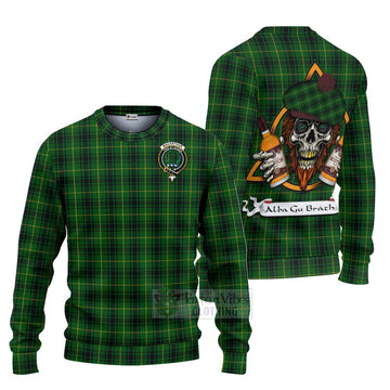 Tartan Vibes Clothing MacArthur (McArthur) Tartan Knitted Sweater with Family Crest and Bearded Skull Holding Bottles of Whiskey