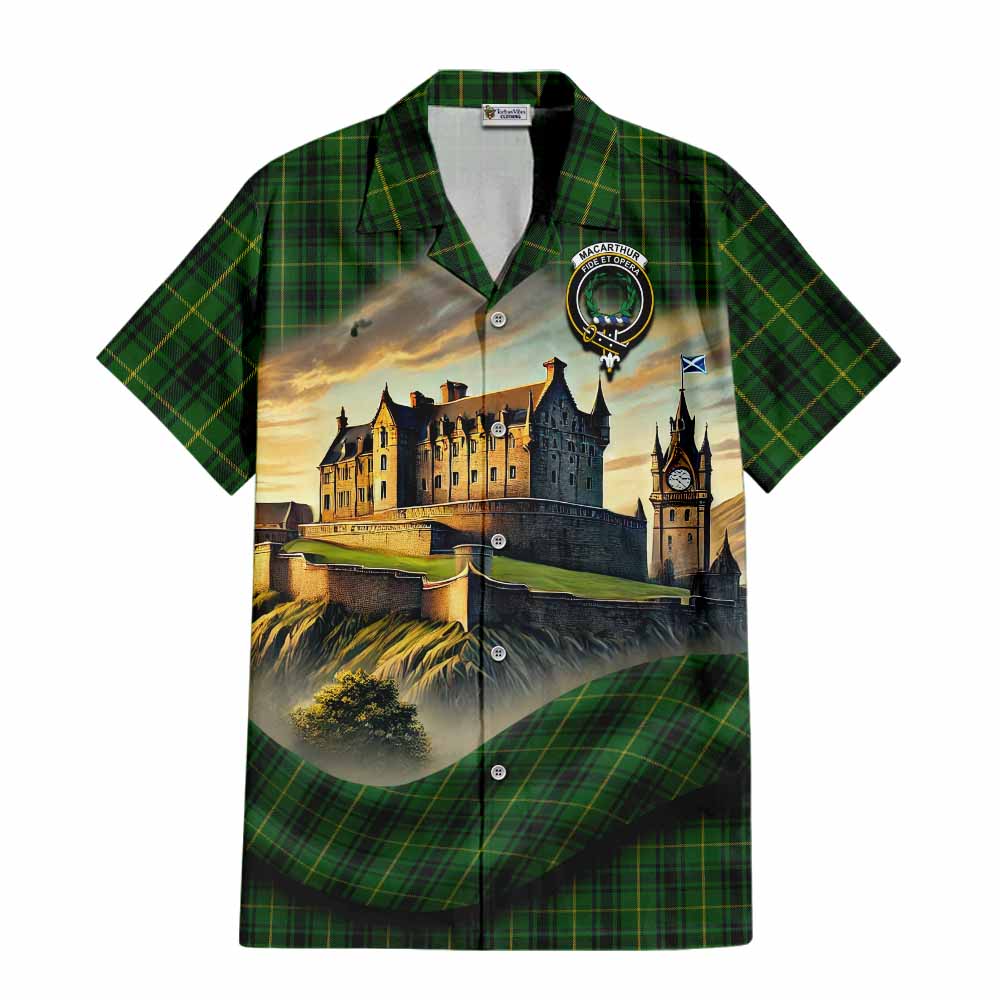 Tartan Vibes Clothing MacArthur (McArthur) Tartan Family Crest Short Sleeve Button Shirt with Scottish Ancient Castle Style