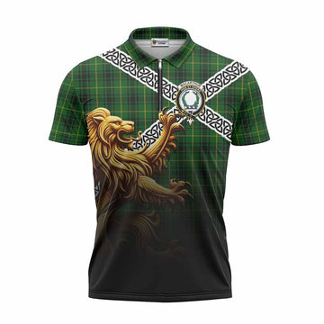 MacArthur (McArthur) Crest Tartan Zipper Polo Shirt with Golden Lion Emblem Celtic Style