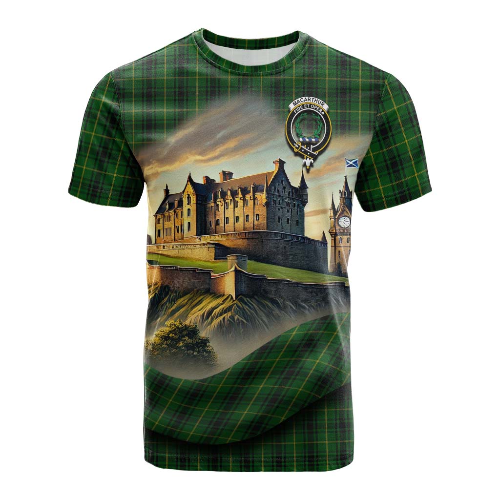 Tartan Vibes Clothing MacArthur (McArthur) Tartan Family Crest Cotton T-shirt with Scottish Ancient Castle Style