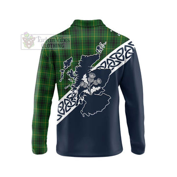 Tartan Vibes Clothing MacArthur (McArthur) Tartan Long Sleeve Polo Shirt Featuring Thistle and Scotland Map